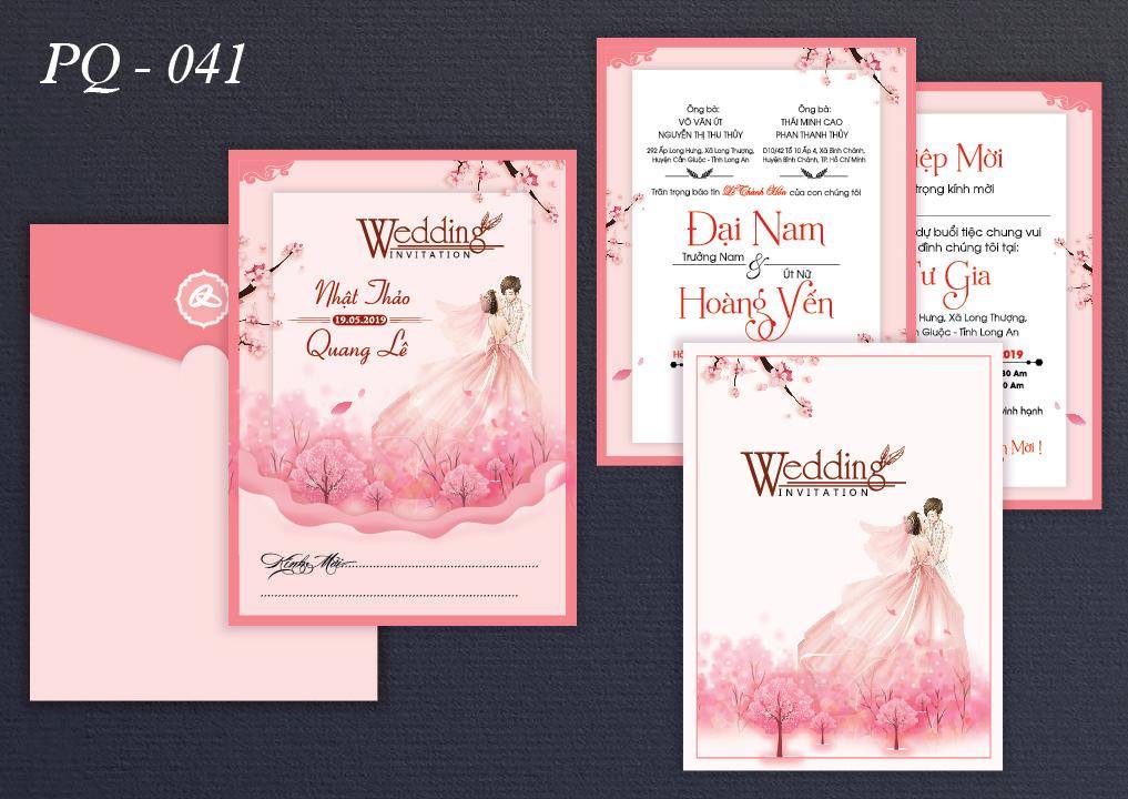 Thiệp cưới đẹp màu hồng họa tiết dễ thương - in thiệp cưới